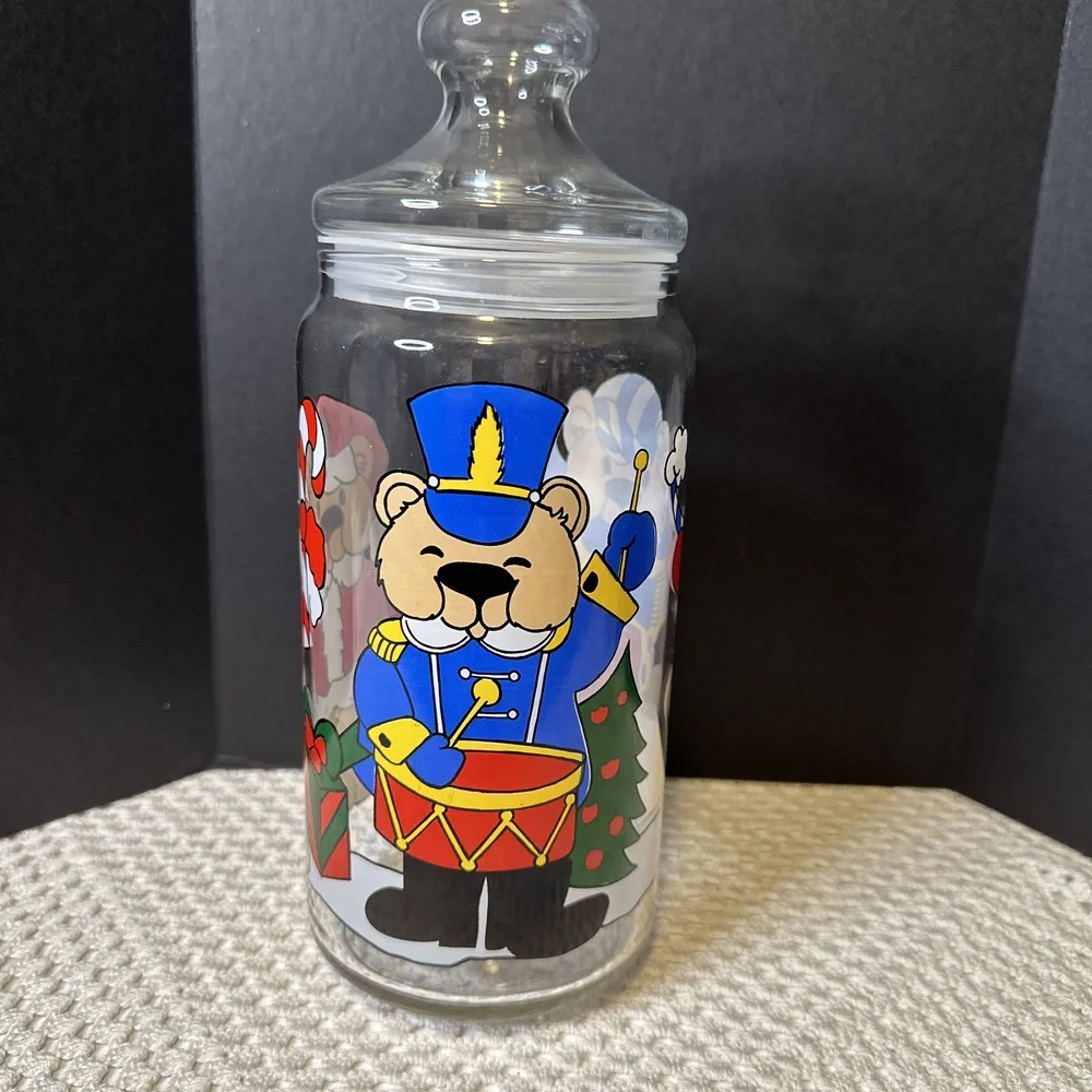 Vintage Glass Christmas Bears Cookie/Treat‎ Jar
